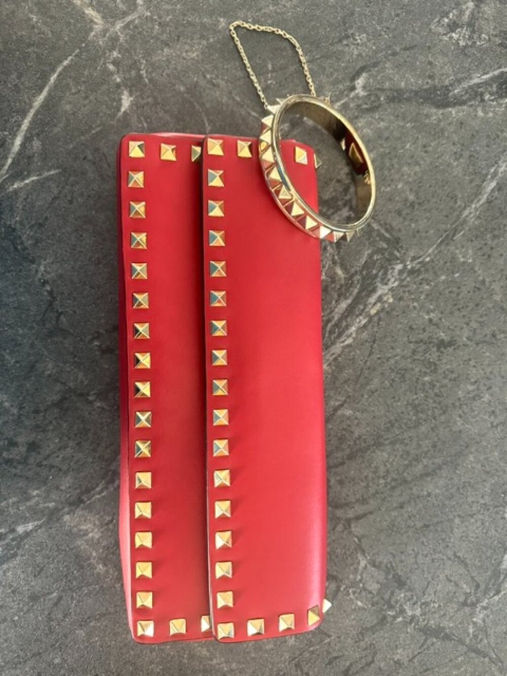 Valentino Garavani Red Rockstud Clutch + Gold Rockstud Bracelet Set